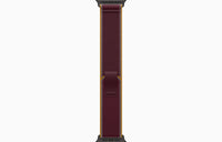 Apple Watch Ultra 4 Trail Loop band in burgundy, side view with case edge.