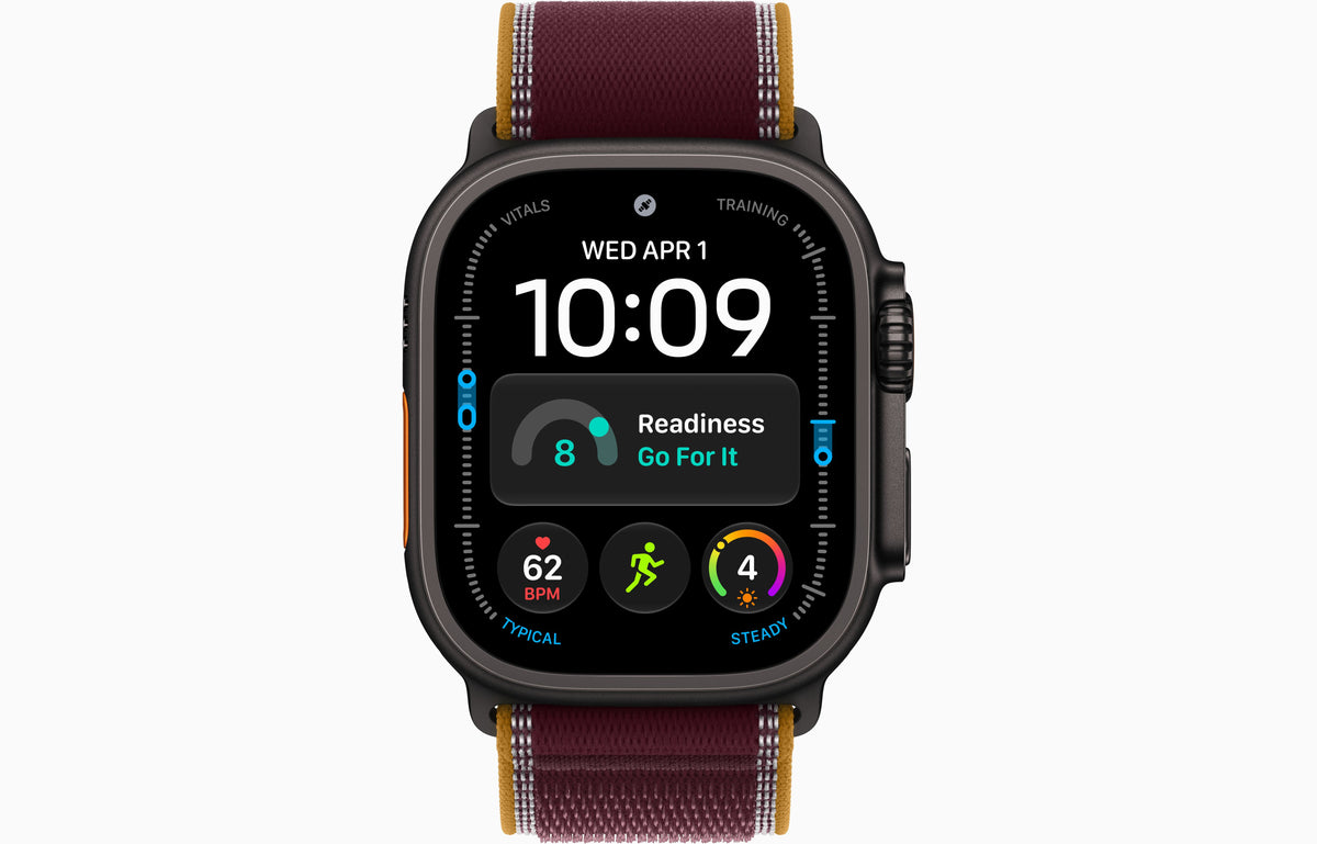 Apple Watch Ultra 4 smartwatch with burgundy Trail Loop strap, black case front display.