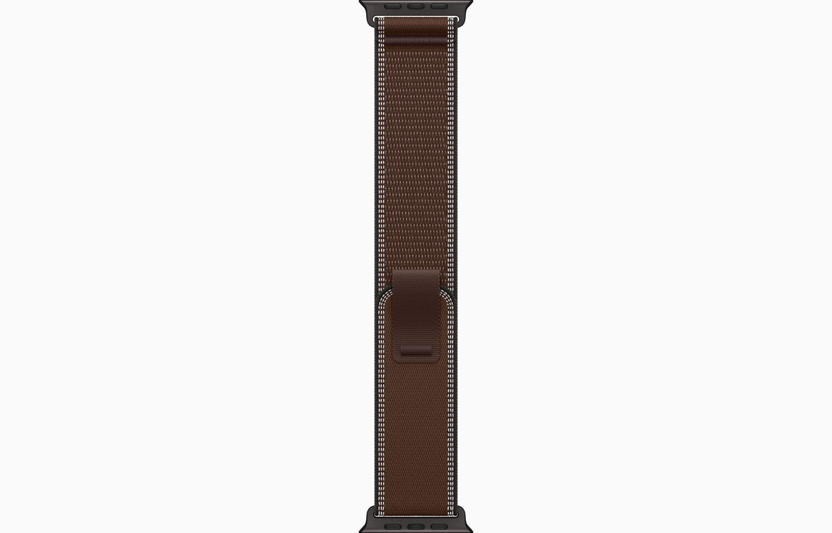 Apple Watch Ultra 4 Trail Loop strap in dark brown with metal buckle