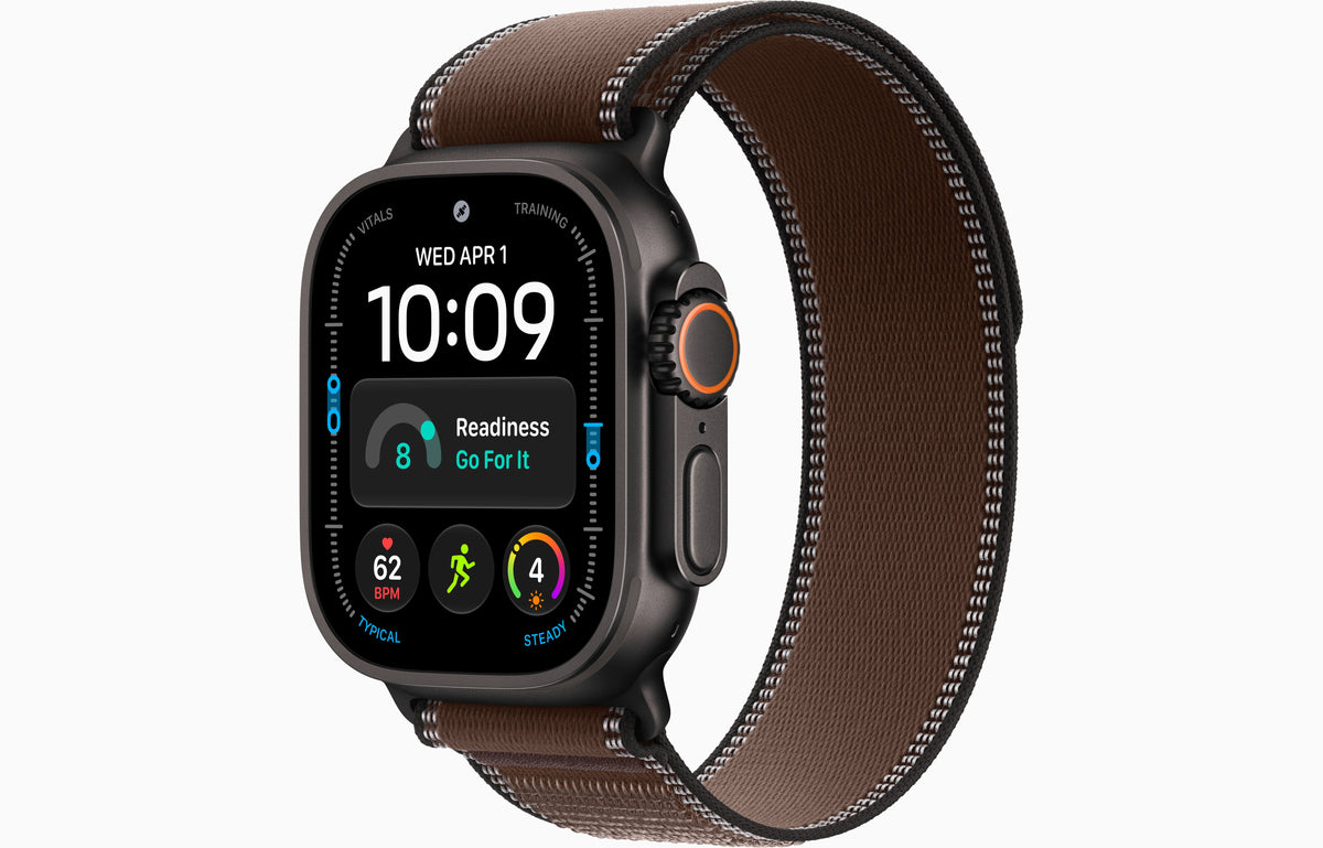 Apple Watch Ultra 4 smartwatch with dark umber Trail Loop strap, natural case and side button.