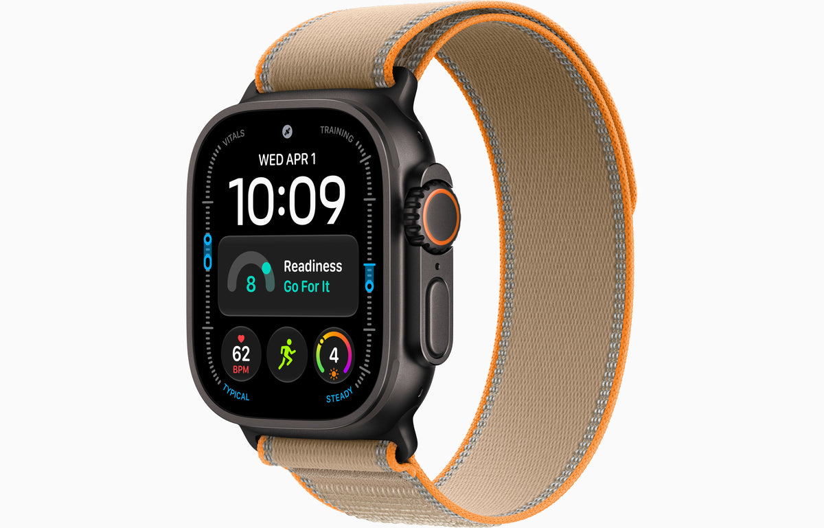 Apple Watch Ultra 4 smartwatch with sand Trail Loop band and orange trim