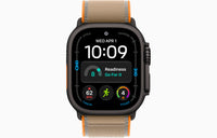 Apple Watch Ultra 4 smartwatch front with dark brown Trail Loop band