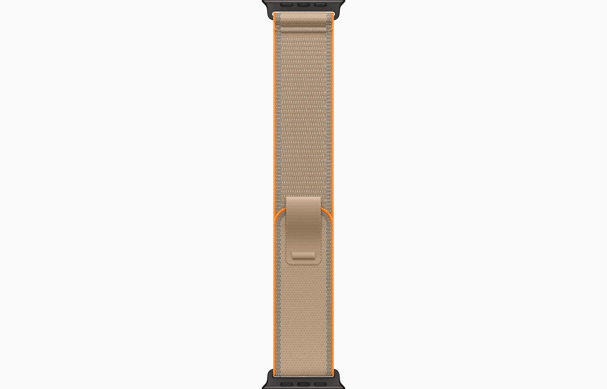 Apple Watch Ultra 4 Trail Loop strap in sand tan with metal buckle