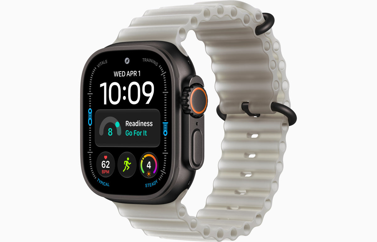 Ultra 4 smartwatch with Ocean Band, silver case, translucent off-white band.