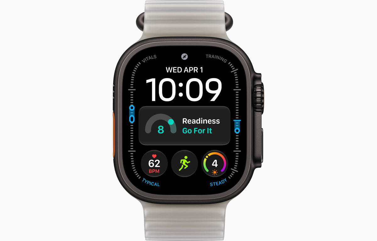 Ultra 4 smartwatch with Ocean Band, dark case, translucent light gray band.