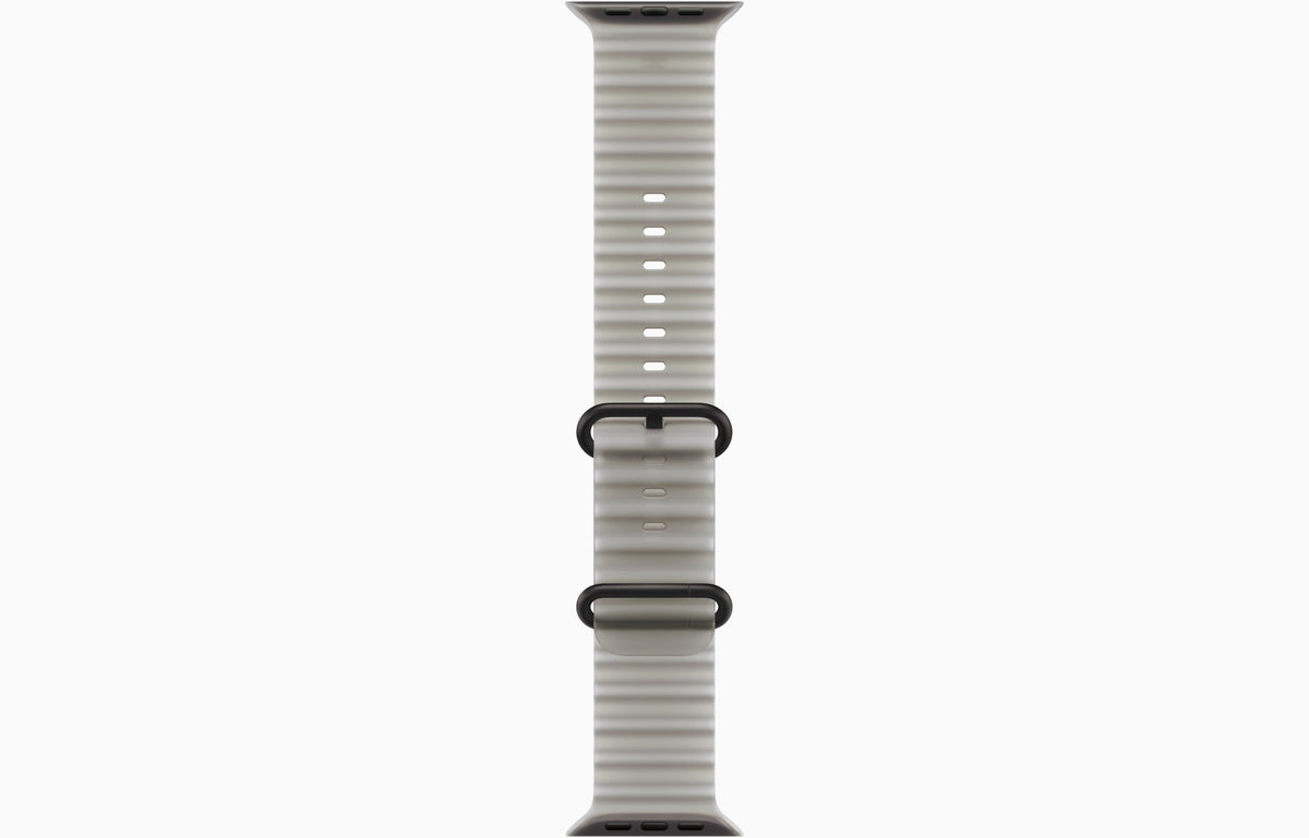 Smartwatch with pale translucent ocean band and black strap clips