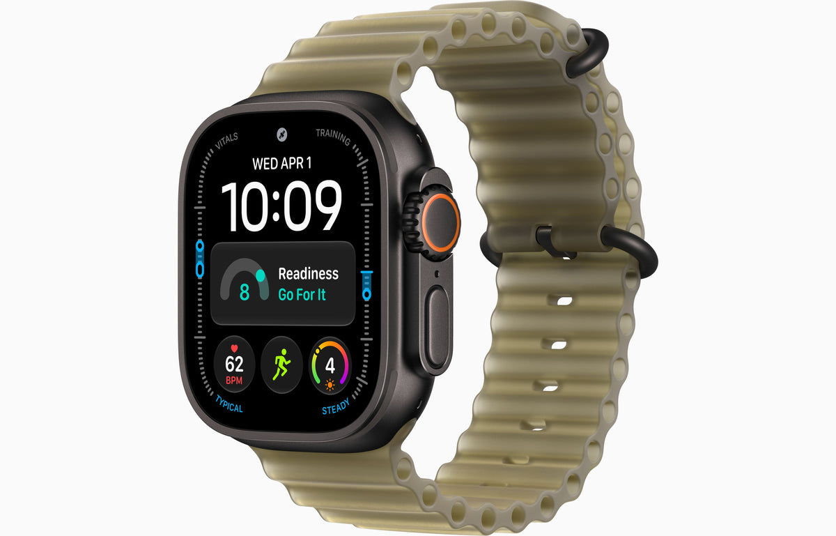 Ultra 4 smartwatch with Ocean Band, silver case, translucent olive green band.