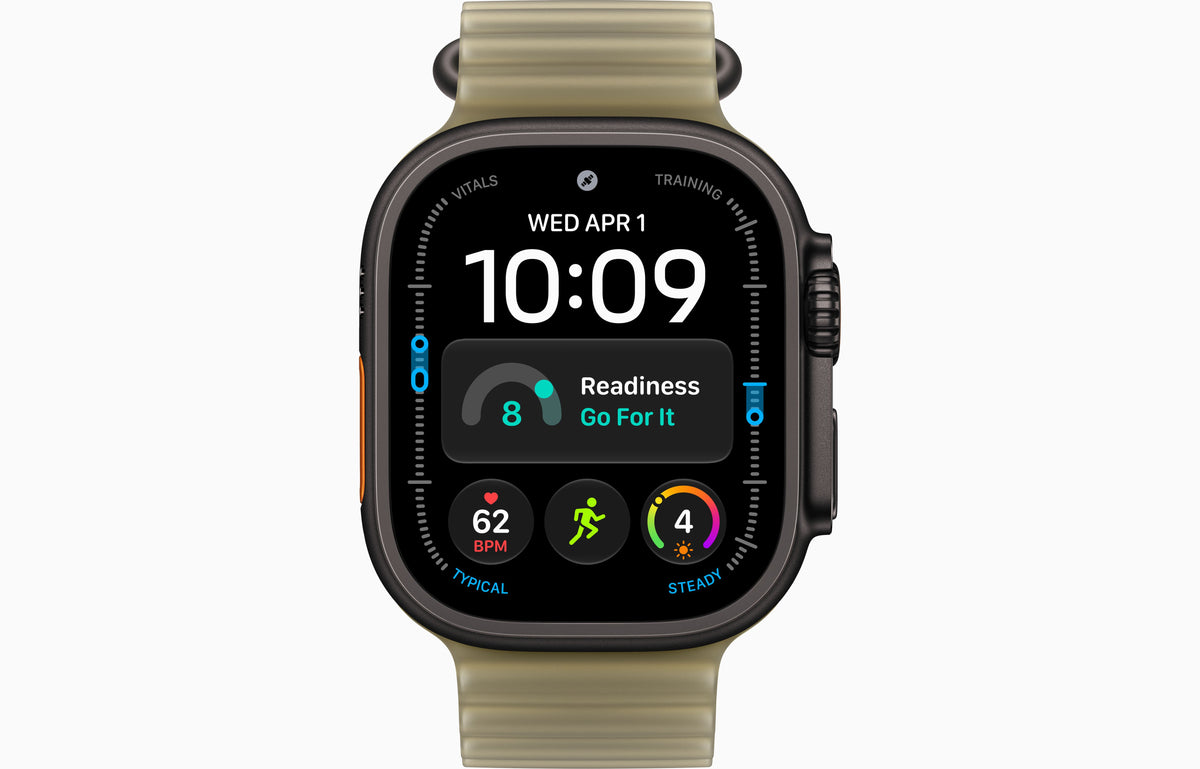 Ultra 4 smartwatch with Ocean Band, dark case, translucent taupe band.