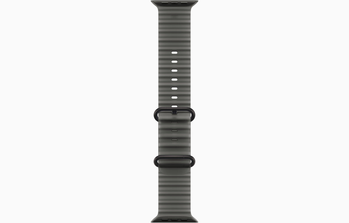 Smartwatch with dark gray translucent ocean band and black strap clips