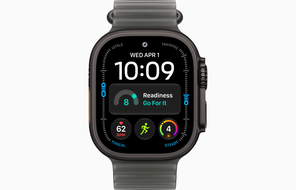 Smartwatch with dark translucent ocean band showing fitness screen