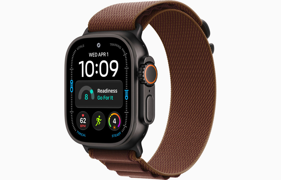Smartwatch with burgundy woven Alpine Loop band and side profile with display
