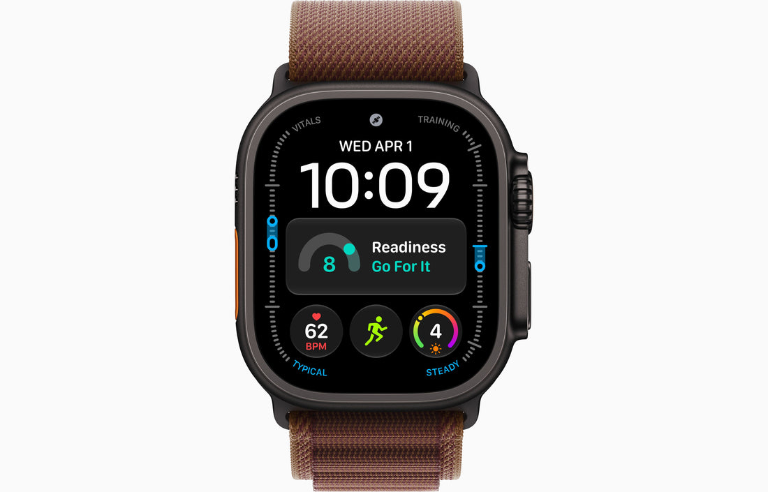 Apple Watch Ultra 4 smartwatch with burgundy Alpine Loop band and black case front view