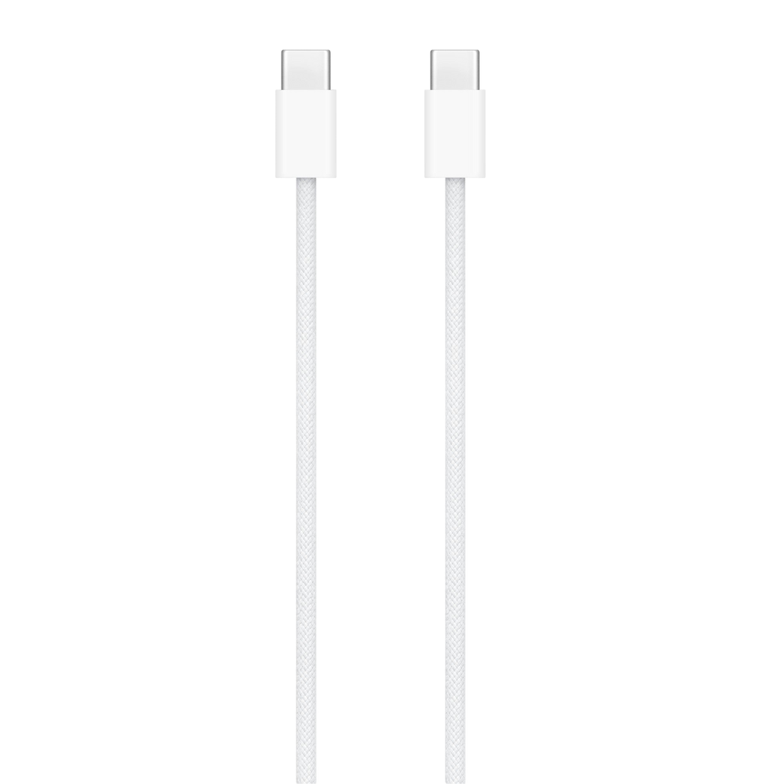 USB-C charge cable with braided white jacket and USB-C connectors, end view.