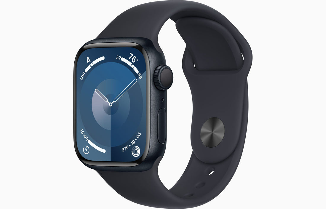 Smartwatch with aluminum case and midnight sport band, side button and crown visible