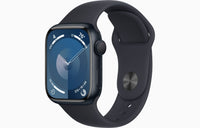 Smartwatch with aluminum case and midnight sport band, side button and crown visible