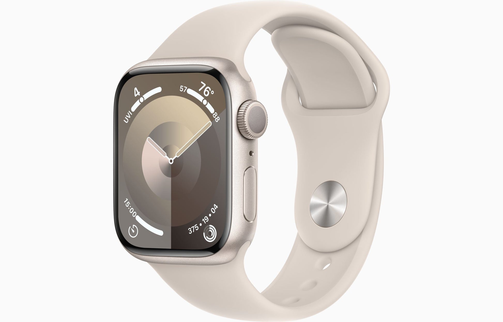 Smartwatch with aluminum case and light cream sport band, side buttons visible