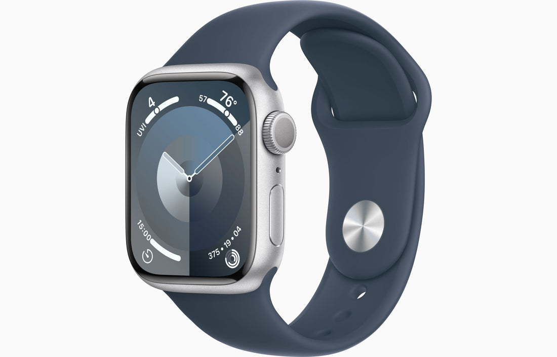 Smartwatch with aluminum case and dark blue sport band, side buttons visible