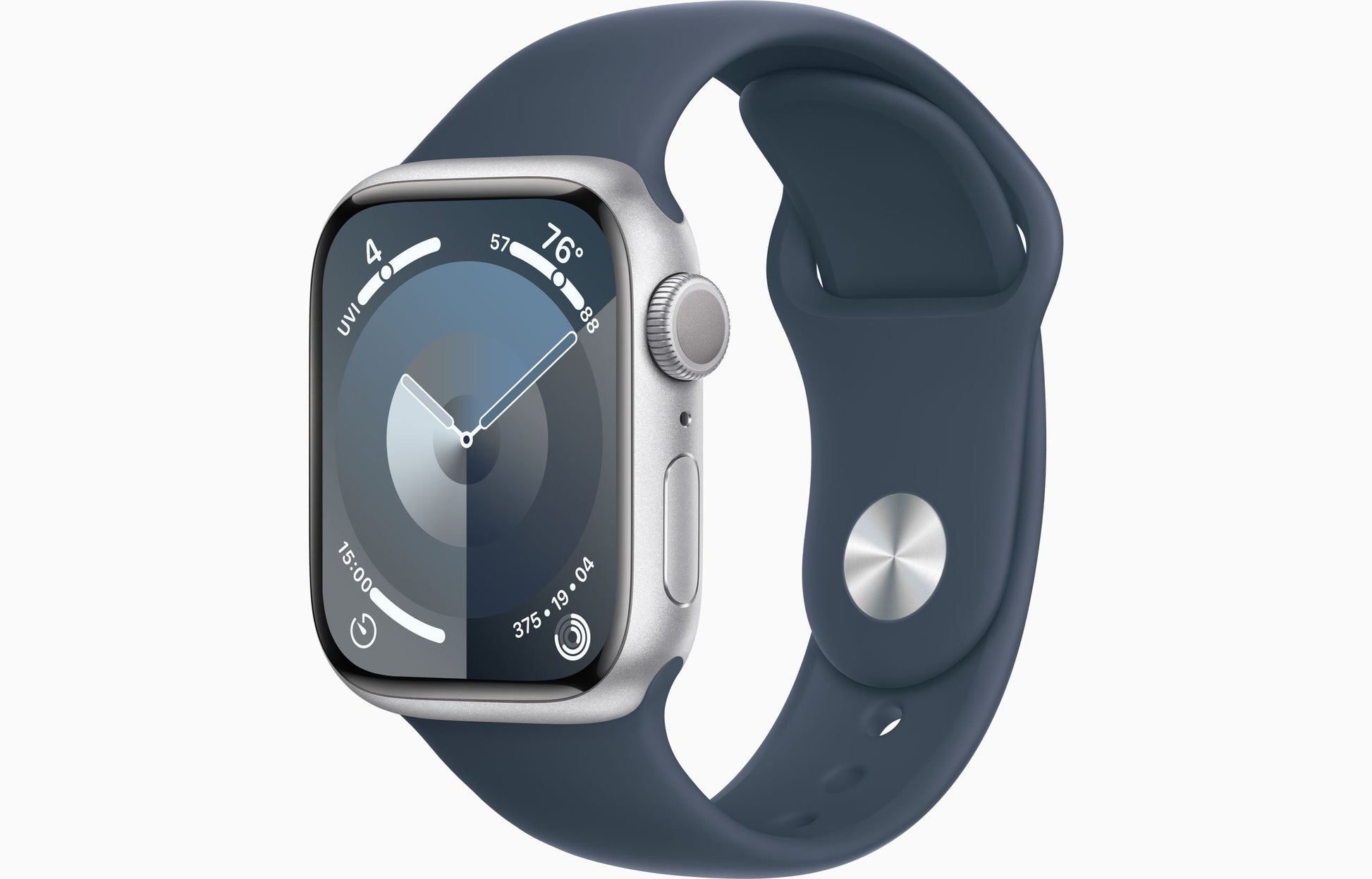 Smartwatch with aluminum case and dark blue sport band, side buttons visible