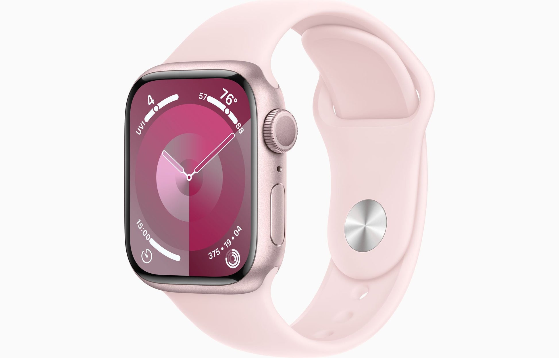 Smartwatch with aluminum case and pink sport band, side buttons and crown visible