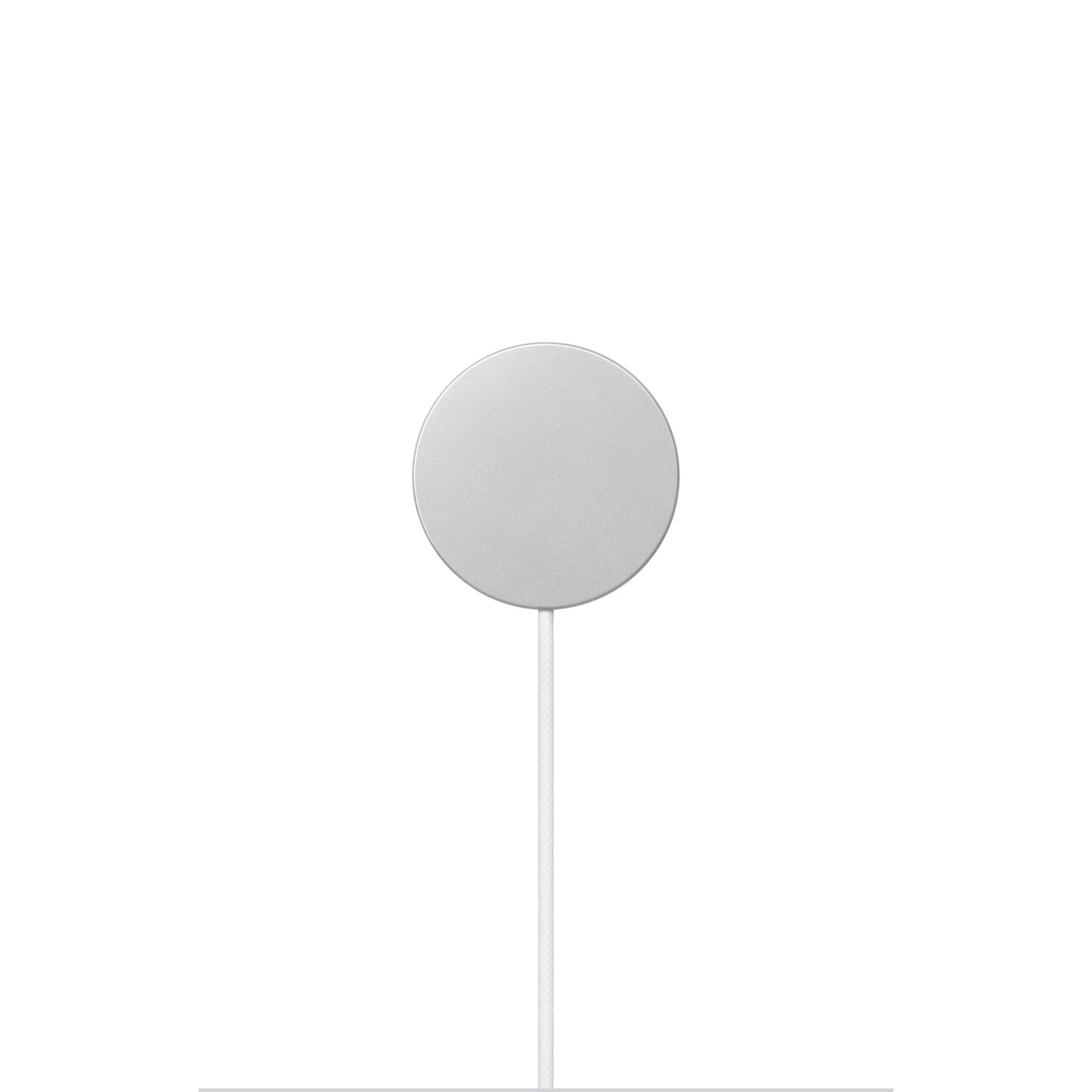 MagSafe wireless charger puck with white cable, front-top view