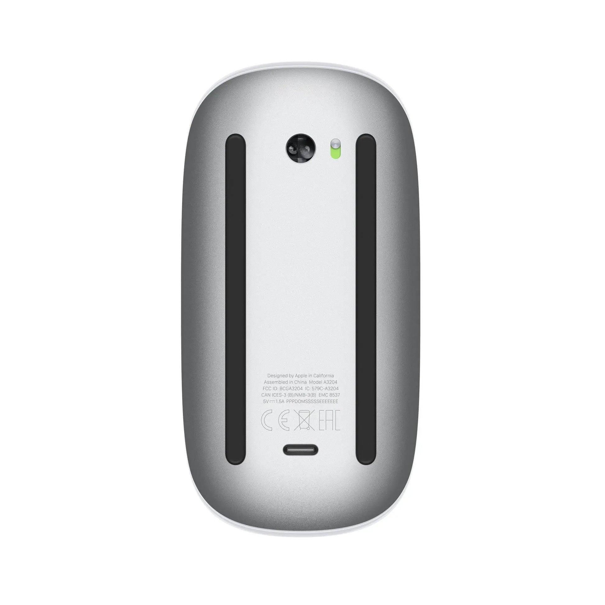 Mouse underside in dark gray with Apple logo, grips, and oval charging port