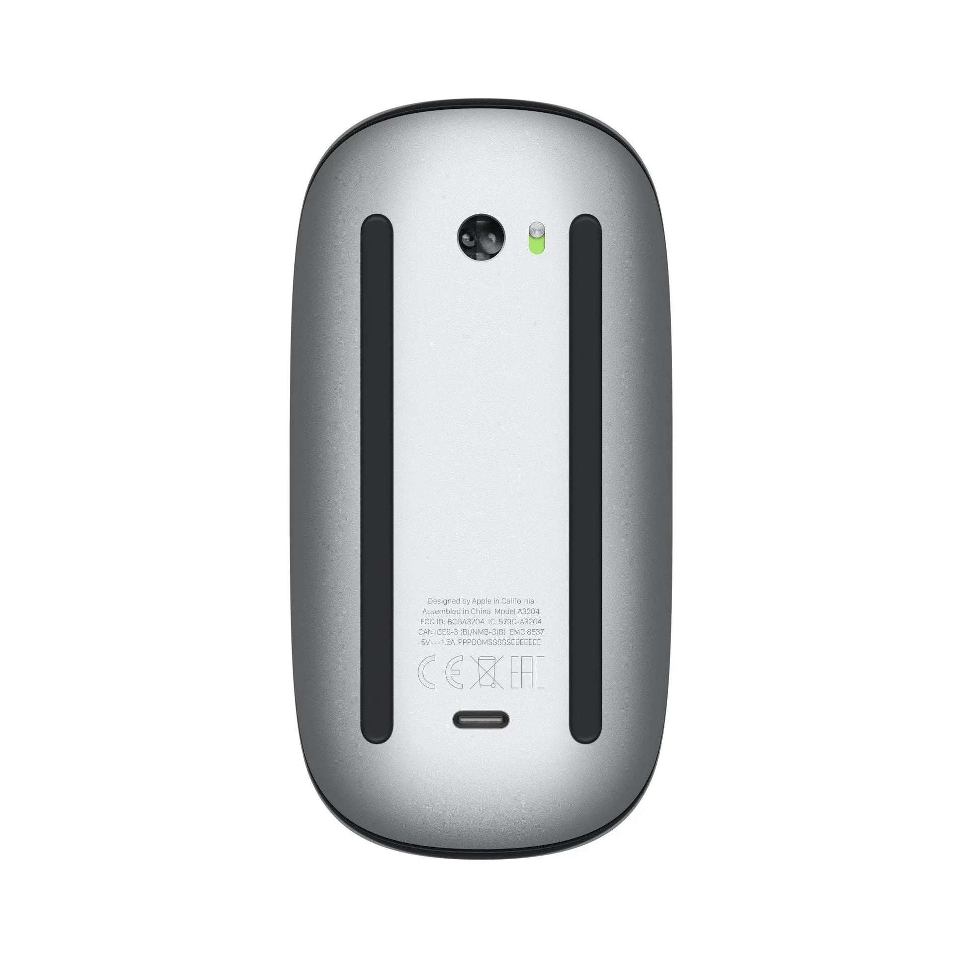 Mouse underside in light gray with Apple logo and oval charging port