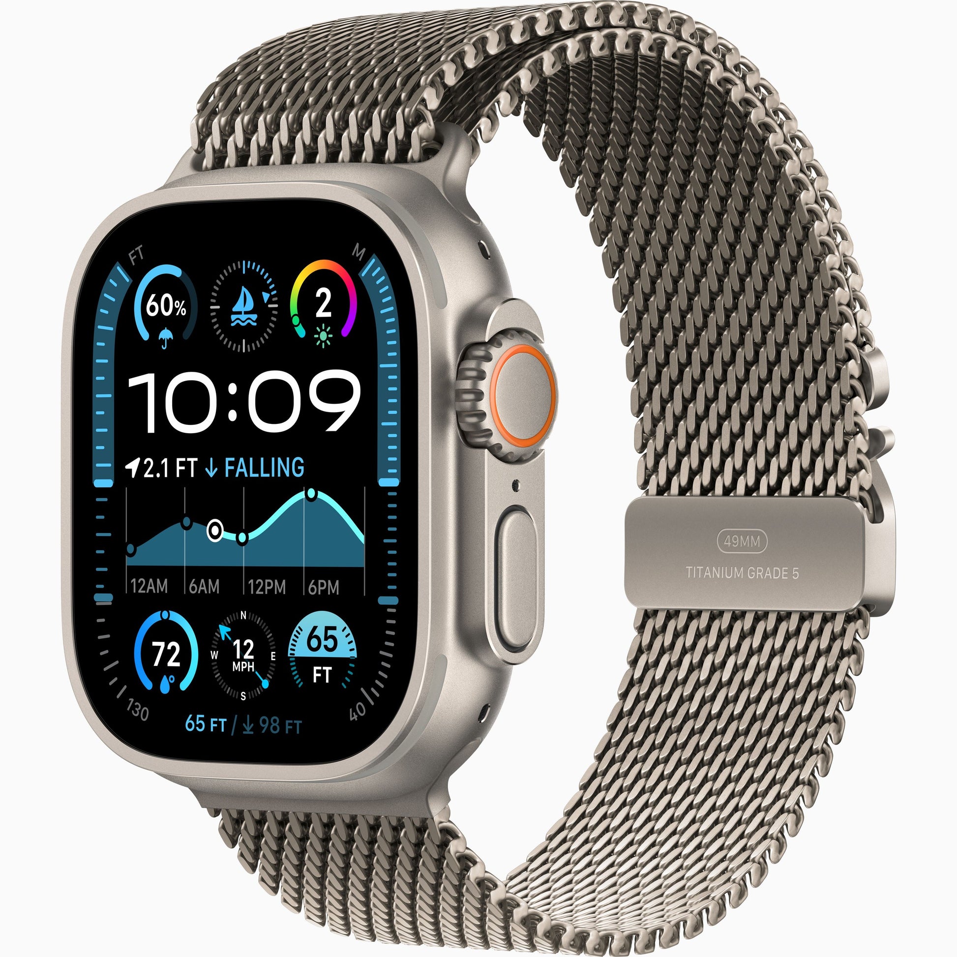 Apple Watch Ultra 2 with black metal mesh Milanese-style band and titanium case, front