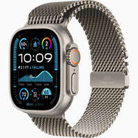 Apple Watch Ultra 2 with black metal mesh Milanese-style band and titanium case, front