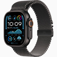 Apple Watch Ultra 2 with black metal mesh Milanese-style band and titanium case, side