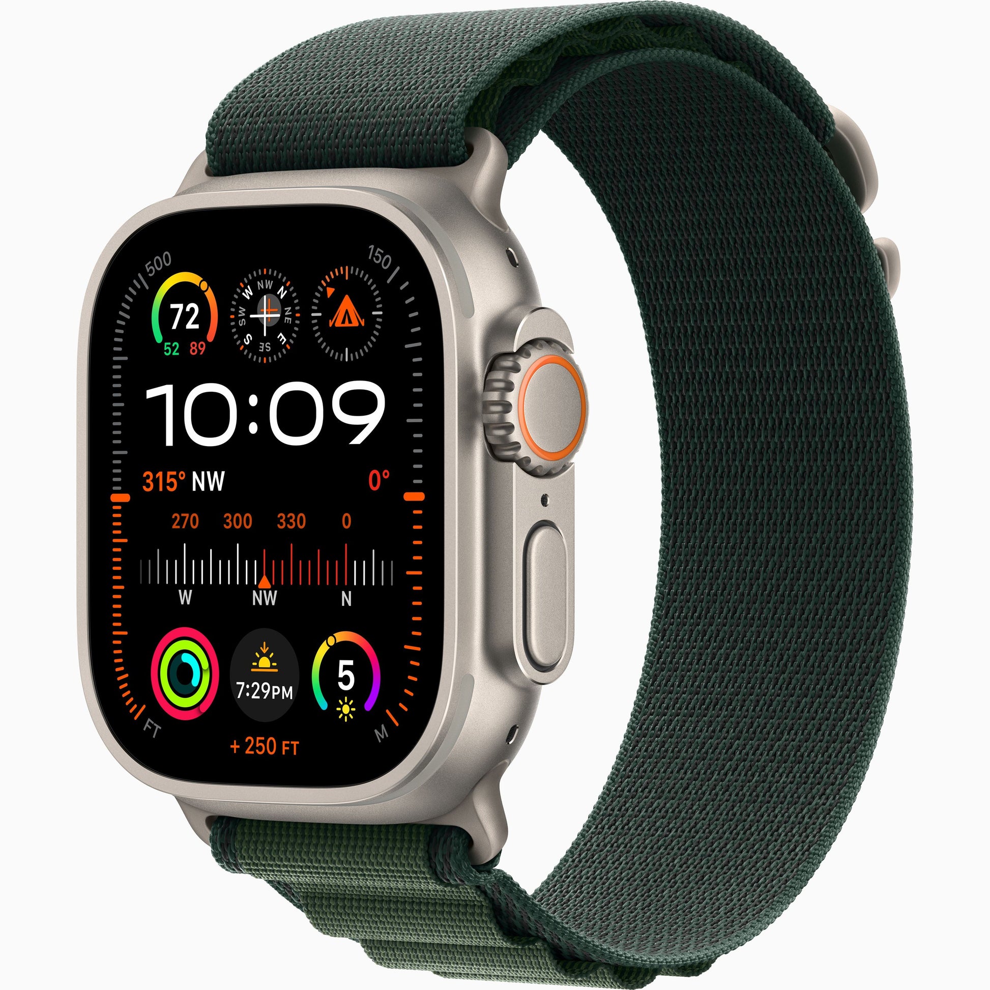 Apple Watch Ultra 2 with dark green woven sport band and titanium-style case