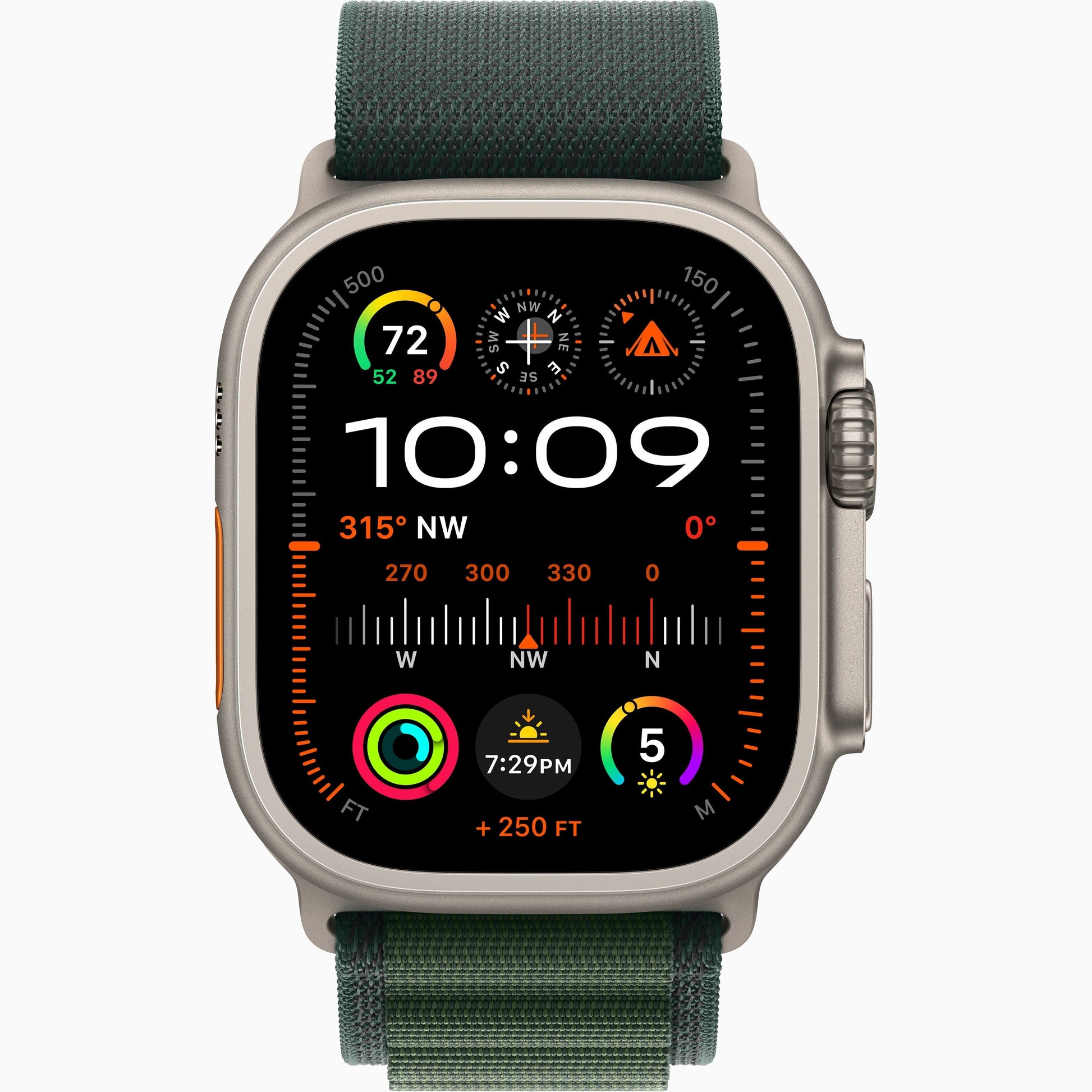 Apple Watch Ultra 2 with green woven sport band and titanium-style case