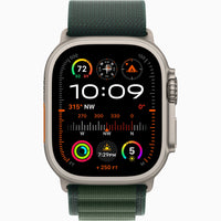 Apple Watch Ultra 2 with green woven sport band and titanium-style case