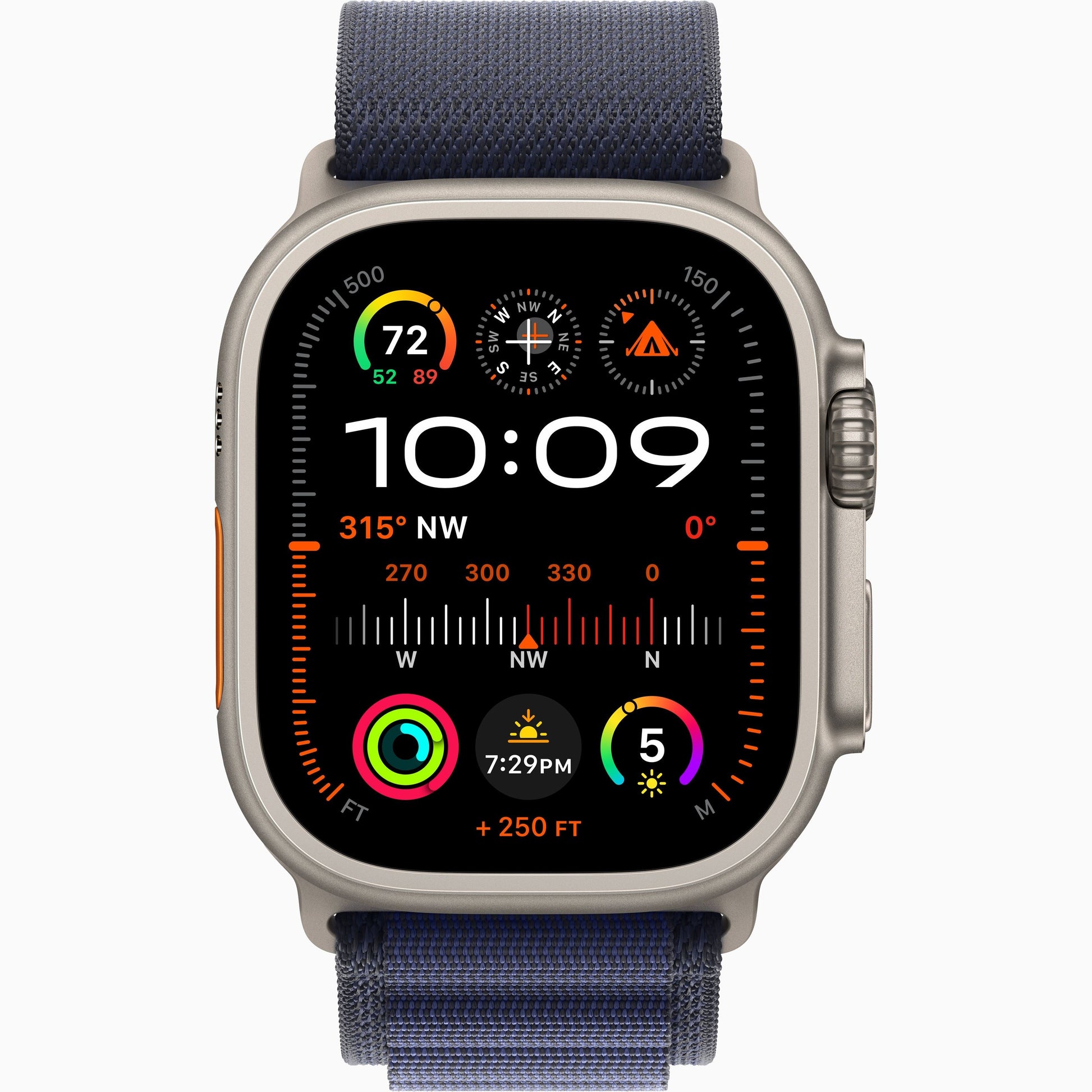Apple Watch Ultra 2 with dark blue woven sport band and titanium-style case