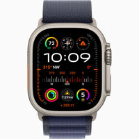 Apple Watch Ultra 2 with dark blue woven sport band and titanium-style case
