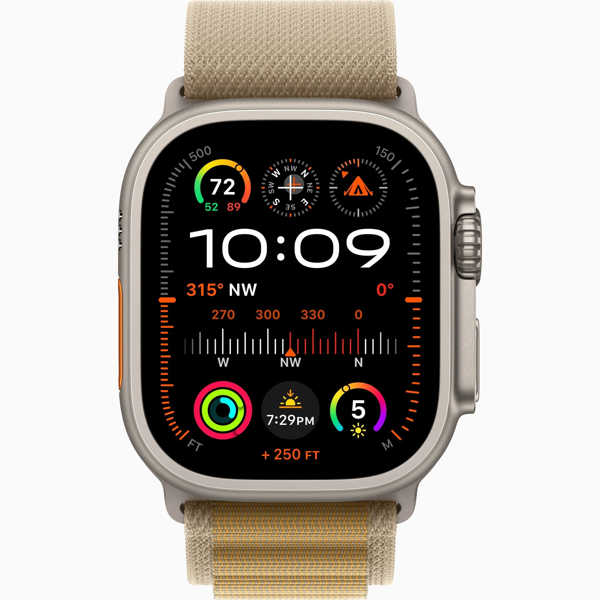 Apple Watch Ultra 2 2024 with natural case and light tan woven fabric band