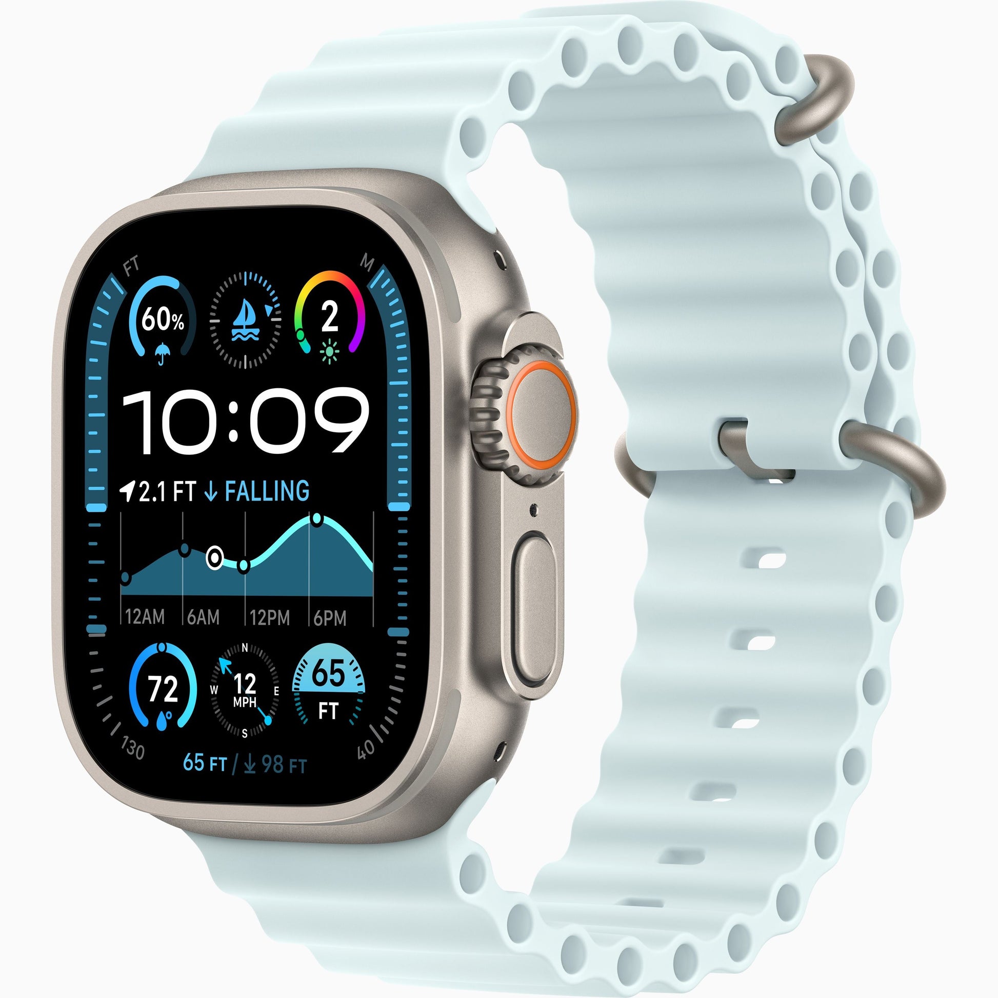 Apple Watch Ultra 2 with light blue perforated sport band and titanium-style case