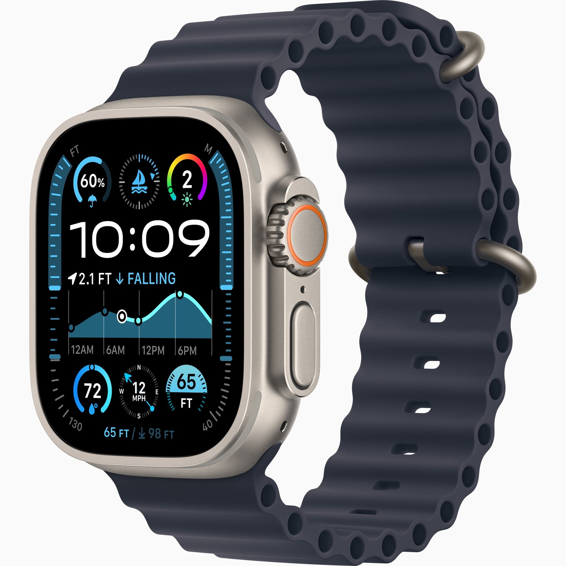 Apple Watch Ultra 2 with dark navy perforated sport band and titanium-style case