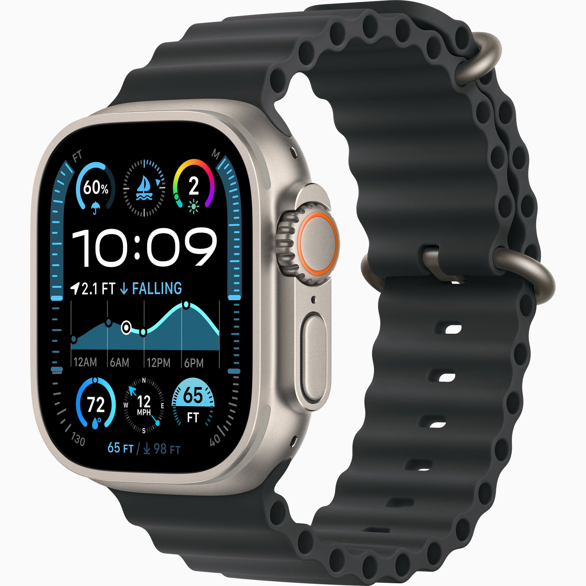 Apple Watch Ultra 2 with dark navy perforated sport band and titanium-style case, side view