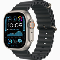 Apple Watch Ultra 2 with dark navy perforated sport band and titanium-style case, side view
