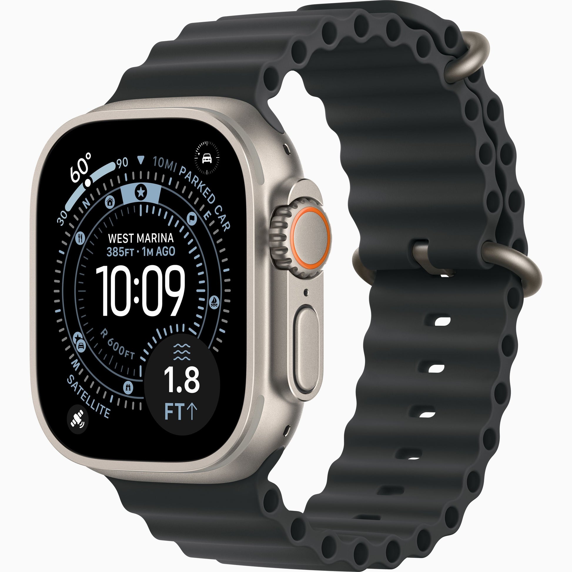 Smartwatch with natural titanium case and black sport band, rugged side profile