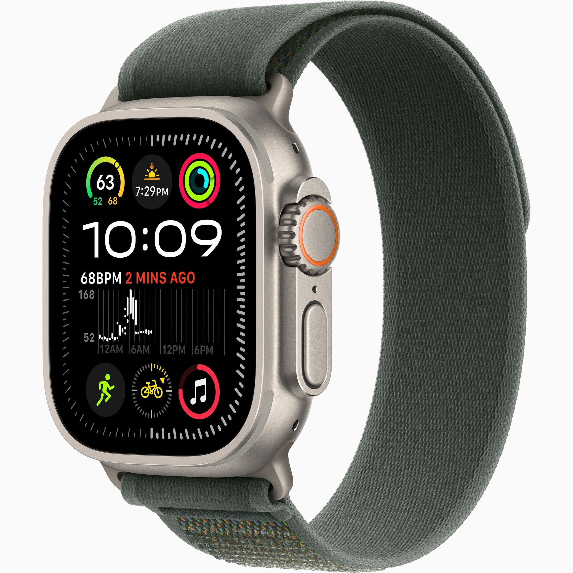 Apple Watch Ultra 2 with olive-green fabric band and silver titanium case, side view