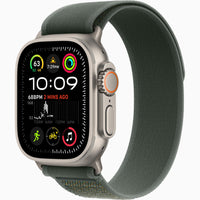 Apple Watch Ultra 2 with olive-green fabric band and silver titanium case, side view