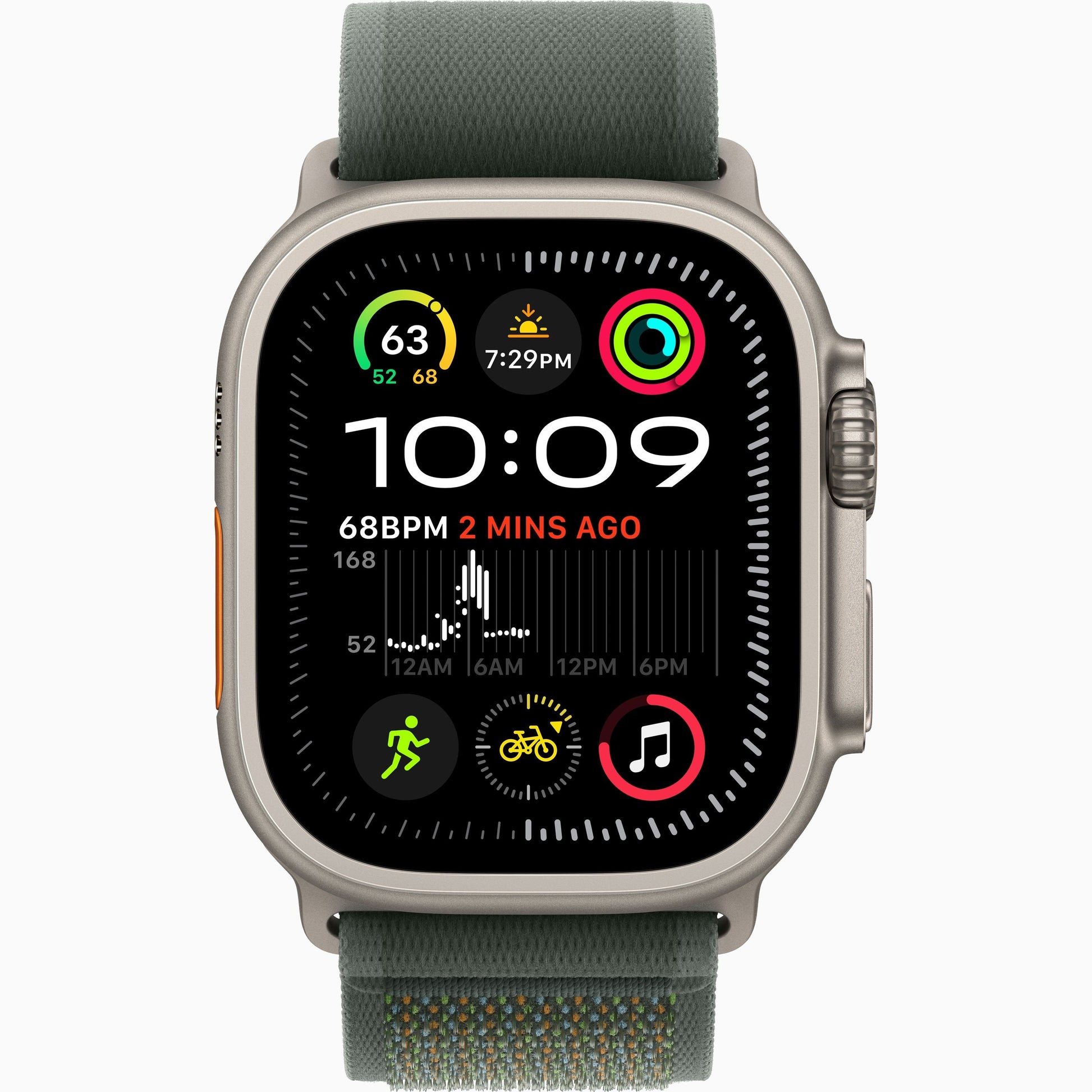 Apple Watch Ultra 2 with dark green fabric band and silver titanium case, front view