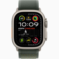 Apple Watch Ultra 2 with dark green fabric band and silver titanium case, front view