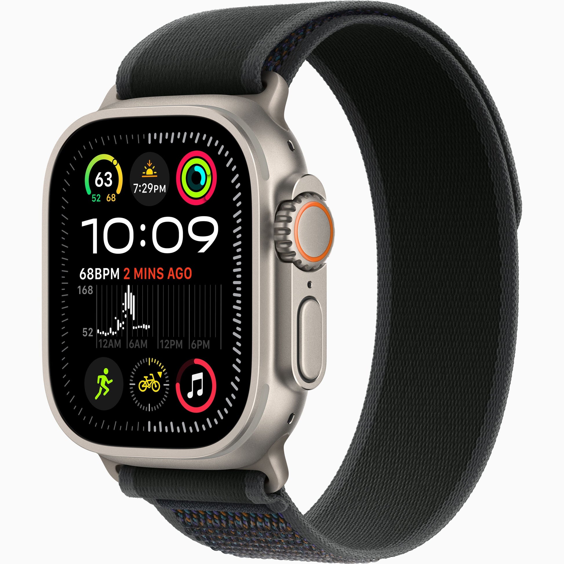 Apple Watch Ultra 2 with dark green fabric band and silver titanium case, angled side view