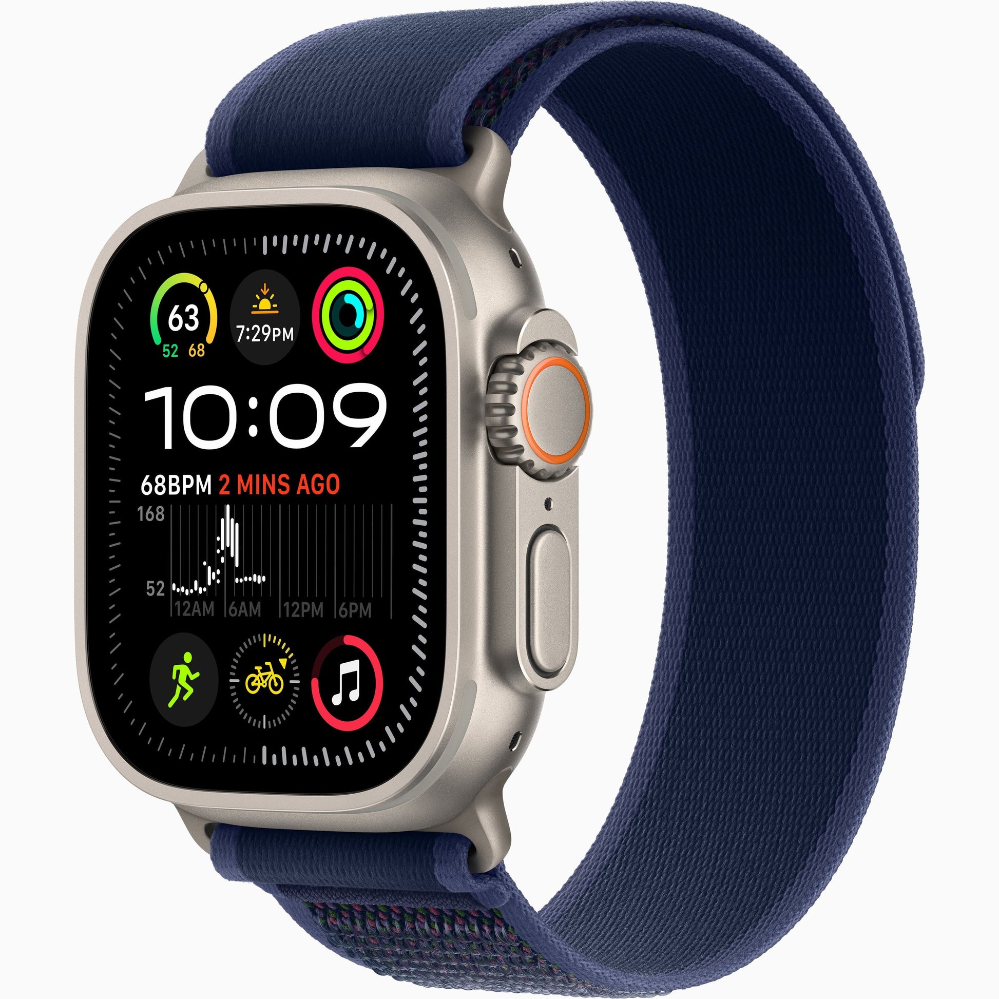 Apple Watch Ultra 2 with navy woven sport band and titanium-style case, side angle