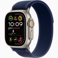 Apple Watch Ultra 2 with navy woven sport band and titanium-style case, side angle