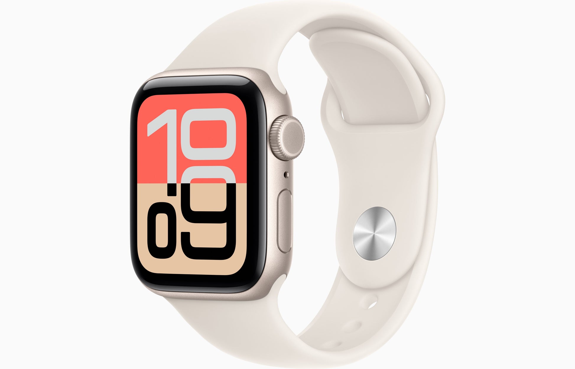 Apple Watch SE 3 starlight, angled view with red-orange watch face on white strap