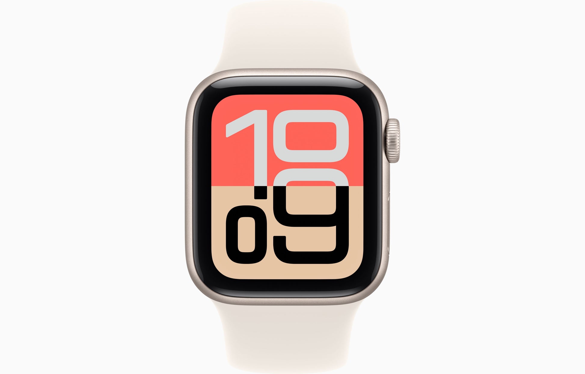 Apple Watch SE 3 starlight, front view with red watch face and white strap