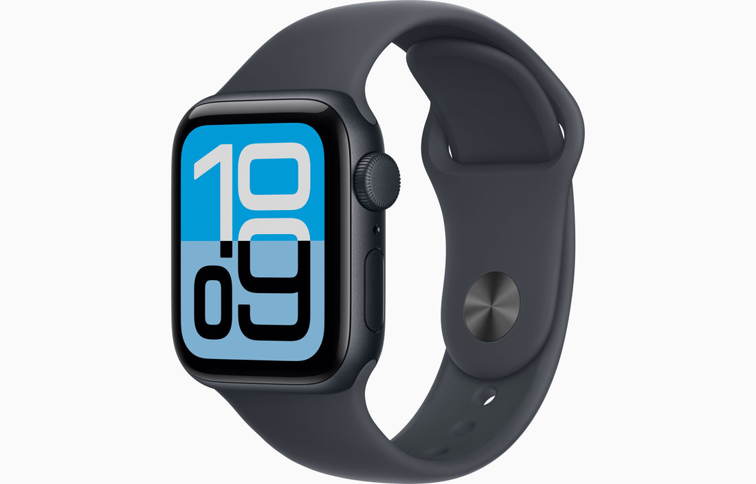 Apple Watch SE 3 midnight, angled view of black bezel and blue screen